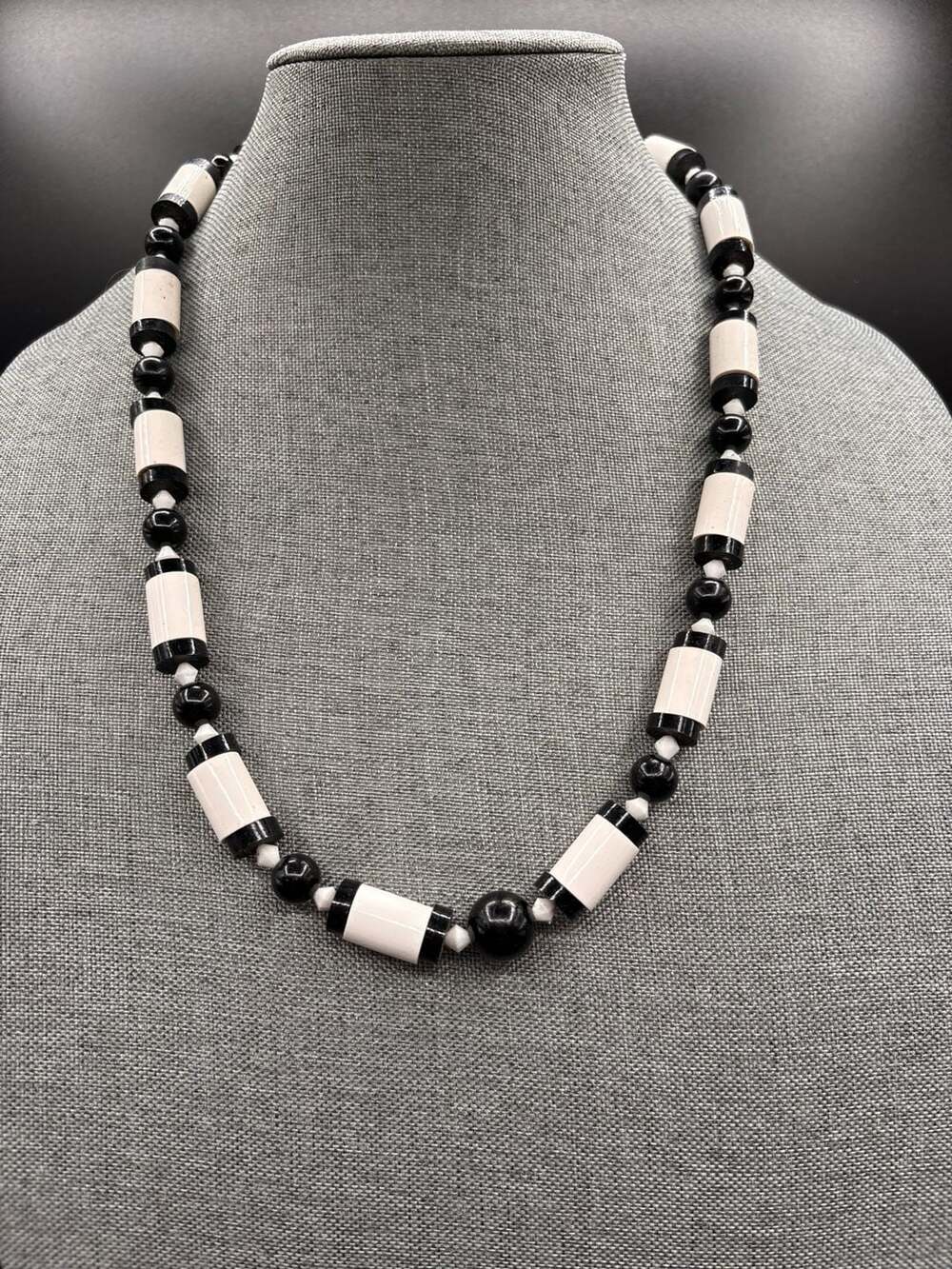 Vintage Black and White Beaded Statement Necklace with Round Clasp